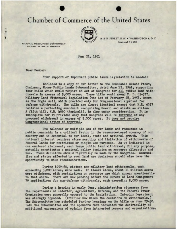 A letter from Richard W. Smith to member of the Chamber of Commerce of the United States about taking action on H.R. 6377.