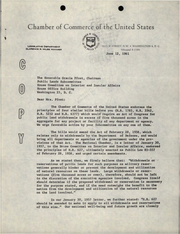 A letter from Clarence R. Miles to Gracie Pfost about bills H.R. 1785, 3342, 5252, and 6377