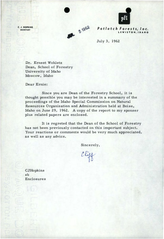 A letter from Cliff to Ernest Wohletz about proceedings of the Idaho Special Commission on Natural Resources Organization and Administration.