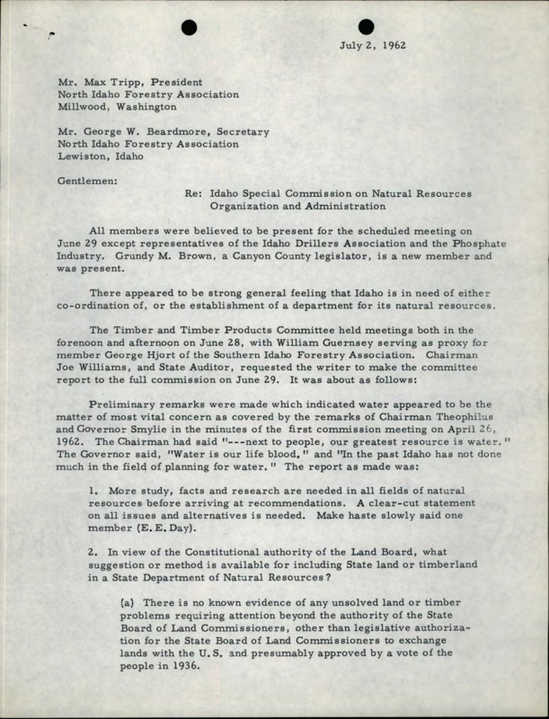 A letter from Cliff Hopkins to Max Tripp and George W. Beardmore about the Idaho Special Commission on Natural Resources Organization and Administration June 29 meeting.