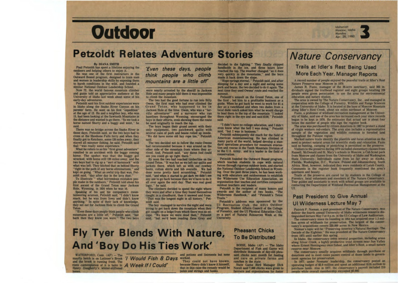 Clips from the April 28, 1980 issue of the Idahonian, including a page from the Outdoor section and a page from the Opinion section. The included articles are "Petzoldt Relates Adventure Stories," "Fly Tyer Blends With Nature, And 'Boy Do His Ties Work,'" "Nature Conservancy," "Odds were against recue's success; why was it tried?" "Balance the budget, or else!" "Confusing economics," "Environmental education needs new approach, image," and "Letters."