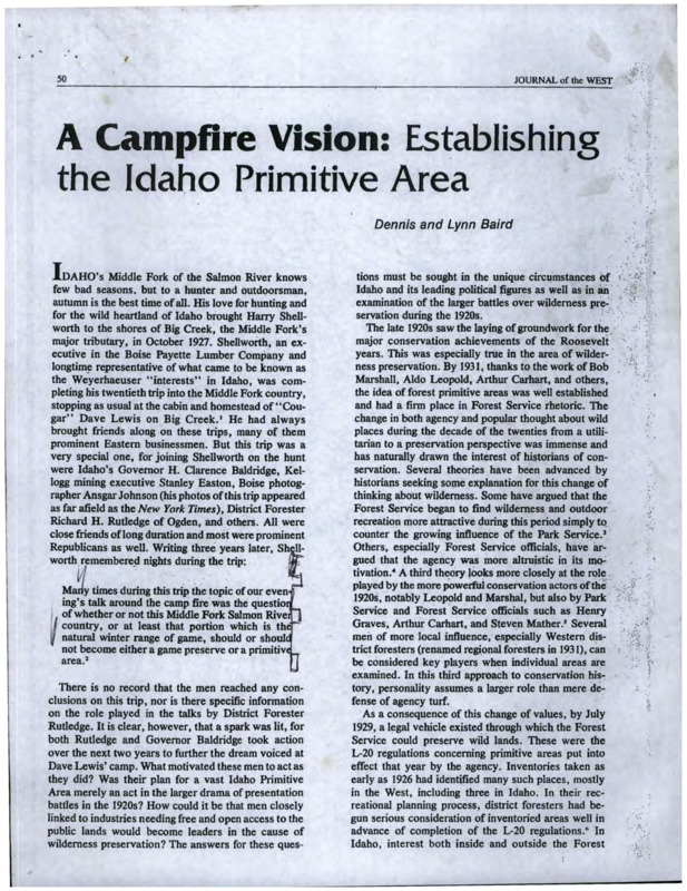 A photocopy of "A Campfire Vision: Establishing the Idaho Primitive Area" by Dennis and Lynn Baird, published in Journal of the West.