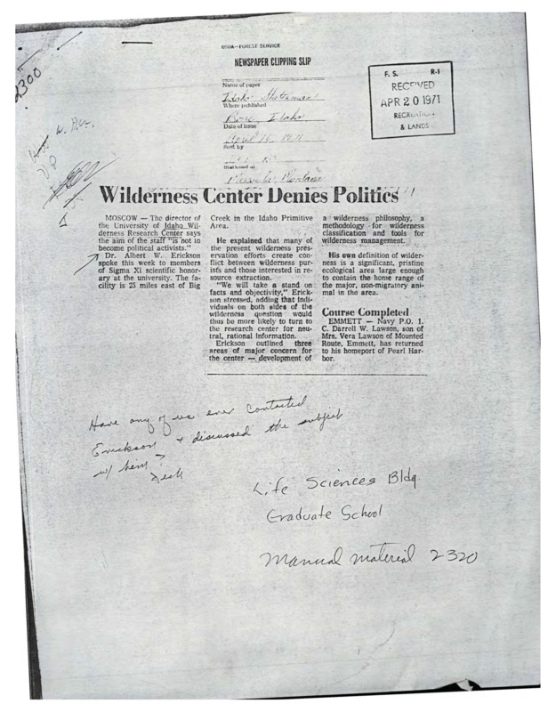 A photocopy of a newspaper clipping of "Wilderness Center Denies Politics," with handwritten notes in the margins.