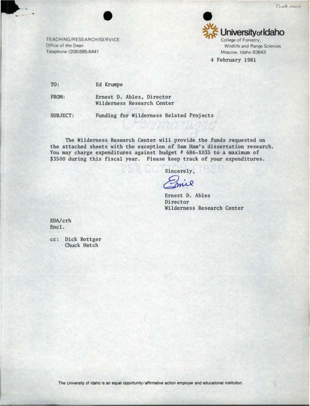 A letter from Ernest D. Ables to Ed Krumpe about funds for Sam Ham's dissertation research and a list of Wilderness Research Center's fundable projects.