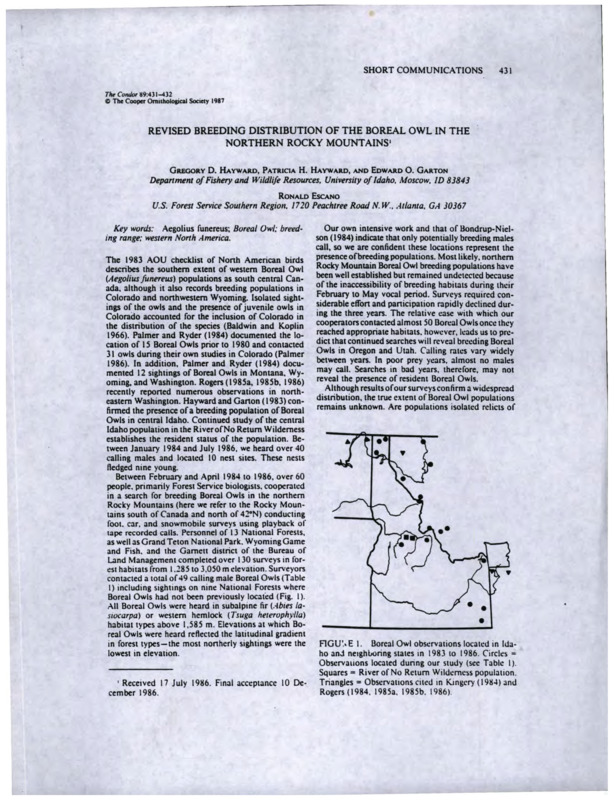 A copy of "Revised Breeding Distribution of the Boreal Owl in the Northern Rocky Mountains," by Gregory D. Hayward, Patricia H. Hayward, Edward O. Garton, and Ronald Escano, published in The Condor.