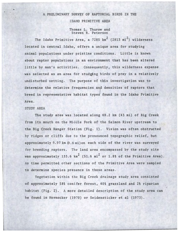 A copy of "A Preliminary Survey of Raptorial Birds in the Idaho Primitive Area" by Thomas L. Thurow and Steven R. Peterson.