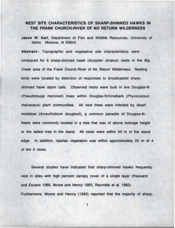 A copy of "Nest Site Characteristics of Sharp-shinned Hawks in the Frank Church-River of No Return Wilderness" by Jason W. Karl, and a photo of research materials, labeled "Figure 1."