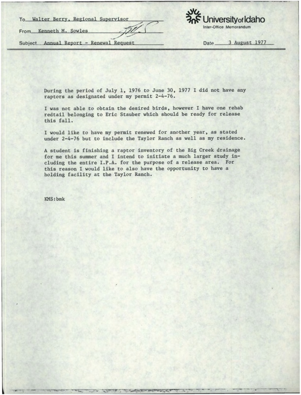 A memorandum from Kenneth M. Sowles to Walter Berry about obtaining raptors for research.