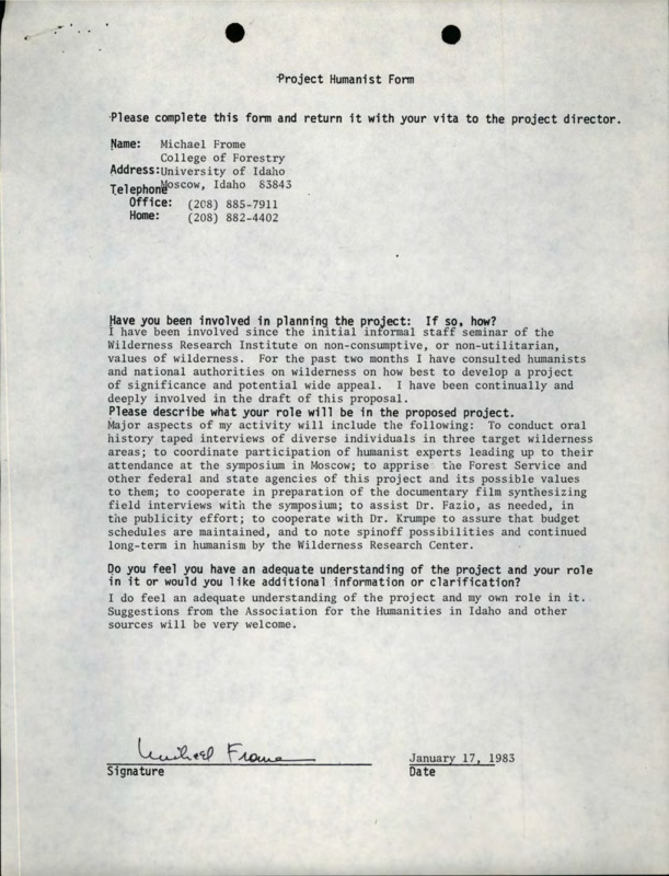 A copy of Project Humanist Form, filled out by Michael Frome, and a copy of Michael Frome's curriculum vitae.