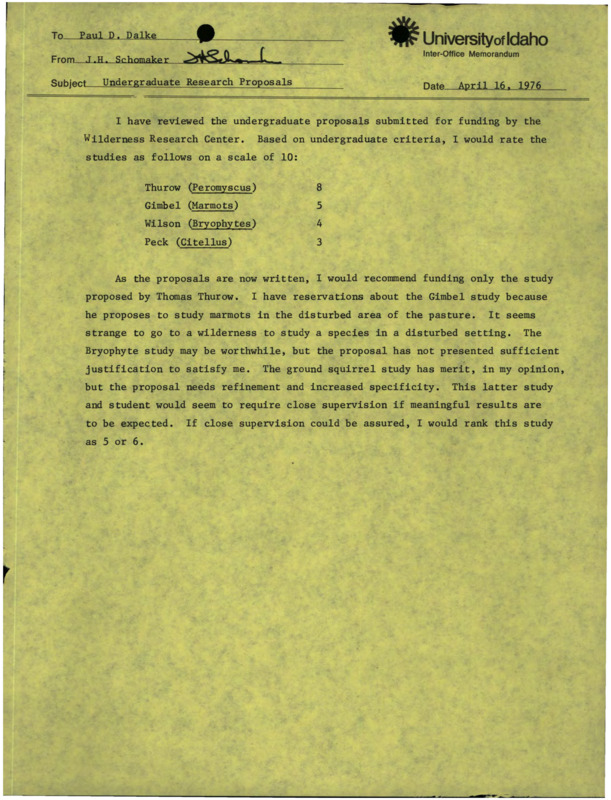 A memorandum from J.H. Schomaker to Paul D. Dalke about undergraduate proposals, and a copy of the invitation for summer study under the Student Wilderness Study Program.