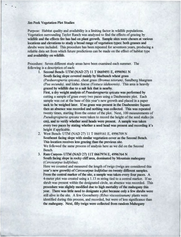 A copy of the procedure for Jim Peek Vegetation Plot Studies, including seven study areas.