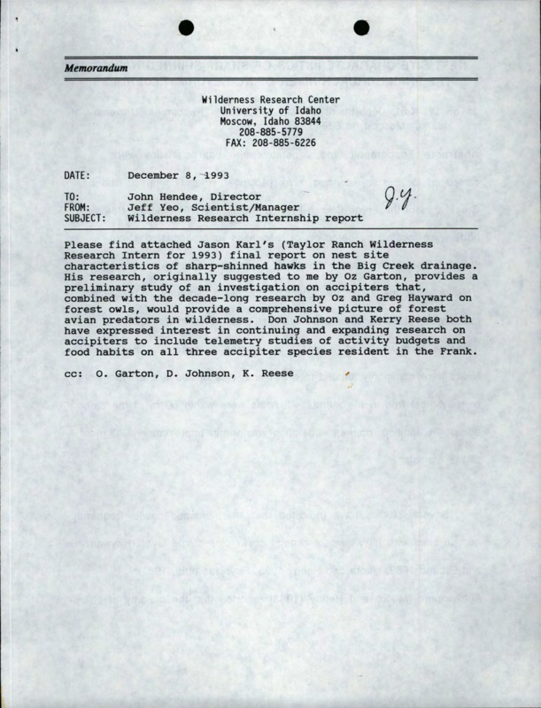 A memorandum from Jeff Yeo to John Hendee about hawk research, a copy of "Nest Site Characteristics of Sharp-shinned Hawks in the Frank Church-River of No Return Wilderness" by Jason W. Karl, and three black and white photos labeled Figures 1-3.