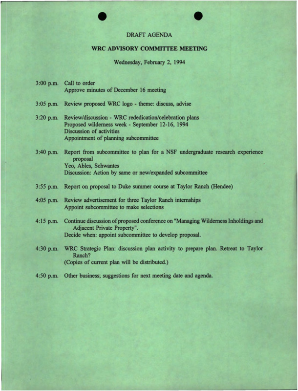 A draft agenda for the WRC Advisory Committee Meeting for February 2, 1994.