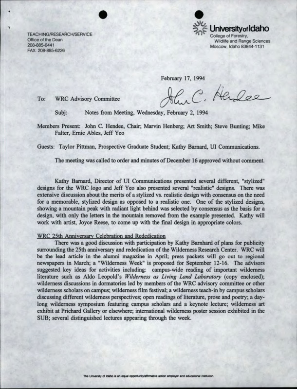 A letter to the WRC Advisory Committee containing notes from the February 2, 1994 meeting, including the 25th Anniversary Celebration and Rededication, the report on NSF undergraduate research experience proposal, a proposal to Duke for a summer course at Taylor Ranch, Taylor Ranch internships, and other information, and a copy of information for a two-year pilot study of "Wilderness Discovery."