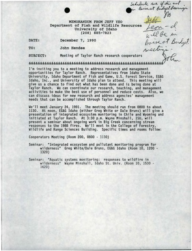 A memorandum from Jeff Yeo to John Hendee about a meeting of Taylor Ranch research cooperators.