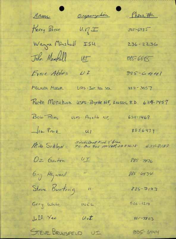 A handwritten list of names, organizations, and phone numbers, including Kerry Reese, Wayne Minshall, John Marshall, Ernie Ables, Melinda Moeur, Ruth Monahan, Bob Ries, Jim Peek, Mike Schlesel, Oz Garton, Greg Hayward, Steve Bunting, Greg White, Jeff Yeo, and Steve Brunsfeld.