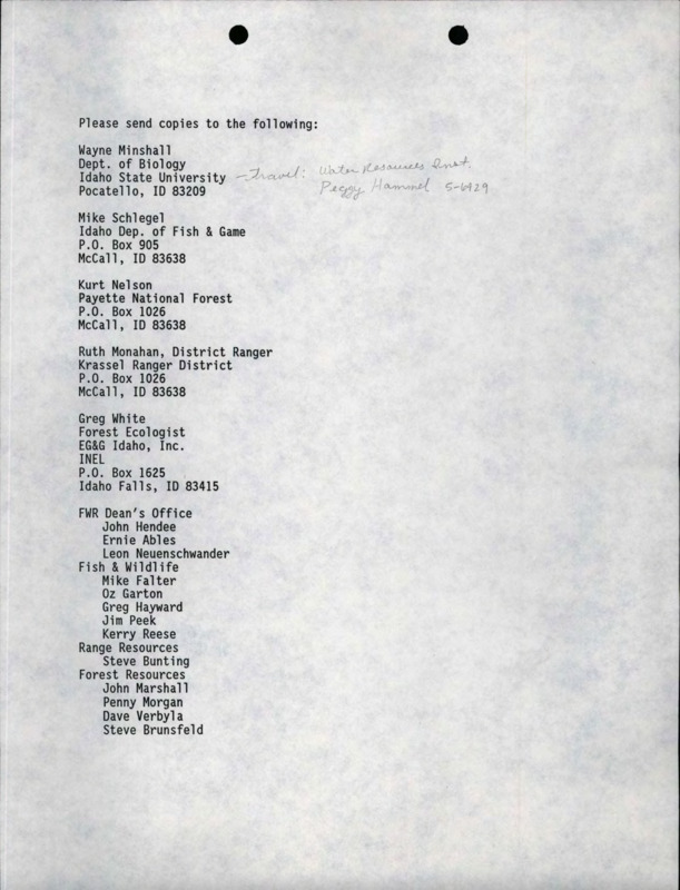 A typed list of names and addresses, including Wayne Minshall, Mike Schlegel, Kurt Nelson, Ruth Monahan, Greg White, John Hendee, Ernie Ables, Leon Neuenschwander, Mike Falter, Oz Garton, Greg Hayward, Jim Peek, Kerry Reese, Steve Bunting, John Marshall, Penny Morgan, Dave Verbyla, and Steve Brunsfeld.