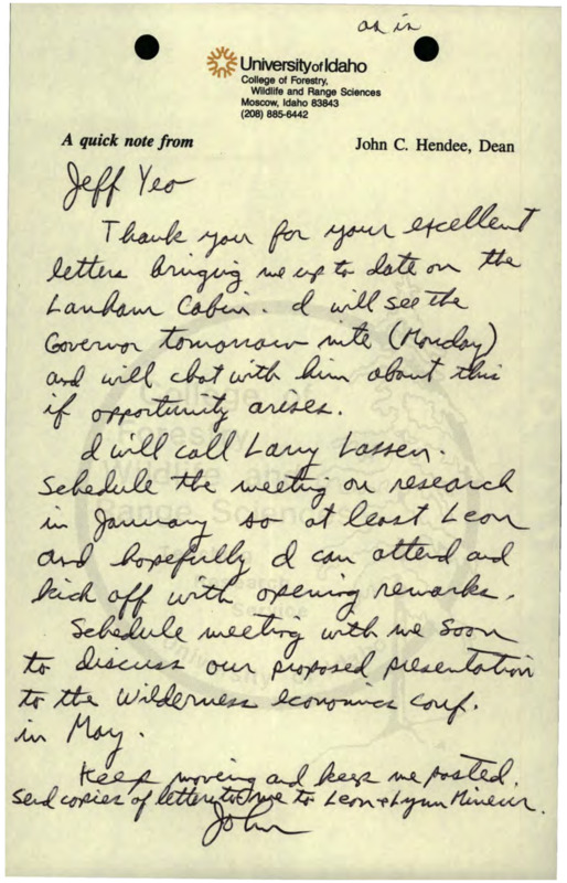 A note from John C. Hendee to Jeff Yeo about Lanham Cabin.