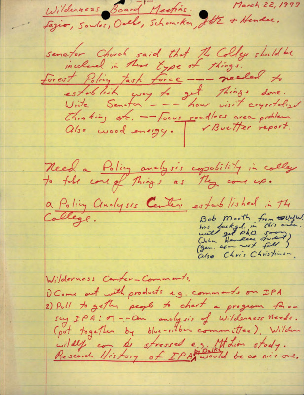 Handwritten notes for the Wilderness Board Meeting for March 22, 1977.