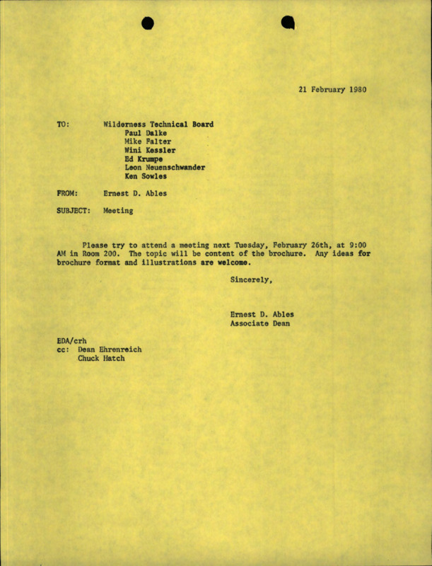 A letter from Ernest D. Ables to the Wilderness Technical Board about a meeting.