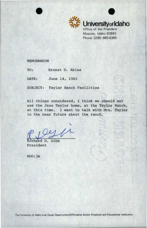 A memorandum from Richard D. Gibb to Ernest D. Ables about Jess Taylor's home.