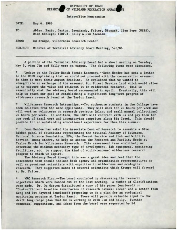 Two memoranda from Ed Krumpe to Ables, Fazio, Garton, Leonhardy, Falter, Stoszek, Clem Pope, Mike Schlegel, and Holly and Jim Akenson containing minutes from the May 6, 1986 Technical Advisory Board Meeting.