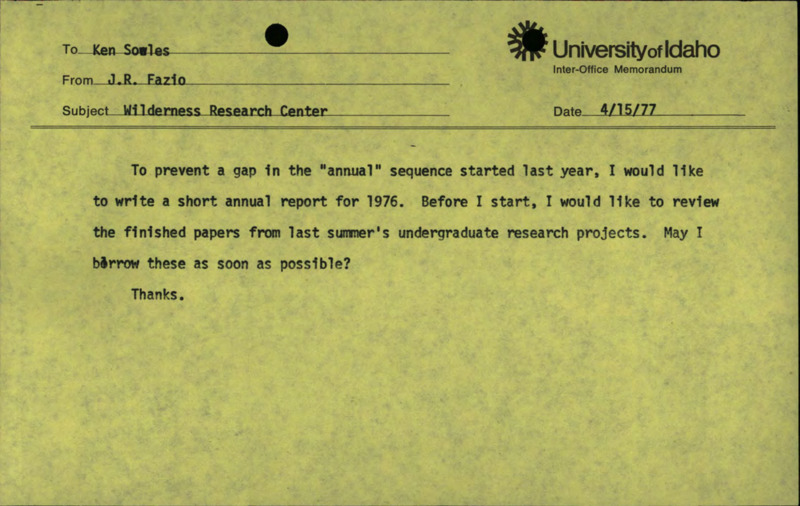 A memorandum from J.R. Fazio to Ken Sowles about an annual report for 1976.