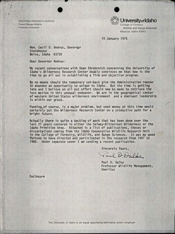 A letter from Paul D. Dalke to Cecil D. Andrus about establishing a program, and a list of publications, theses, or dissertations in wildlife research in the Selway-Bitterroot Wilderness and the Idaho Primitive Area from 1950 to 1973.