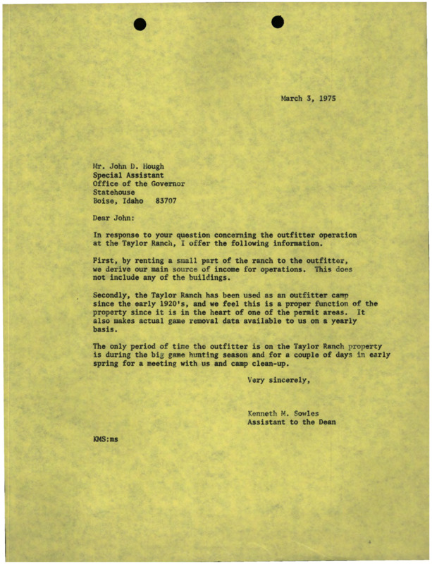 A letter from Kenneth M. Sowles to John D. Hough about outfitting.