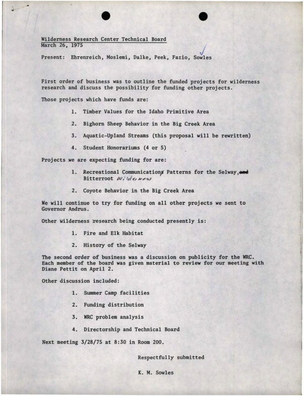 Meeting minutes from the Wilderness Research Center Technical Board meeting for March 26, 1975, both handwritten and typed.