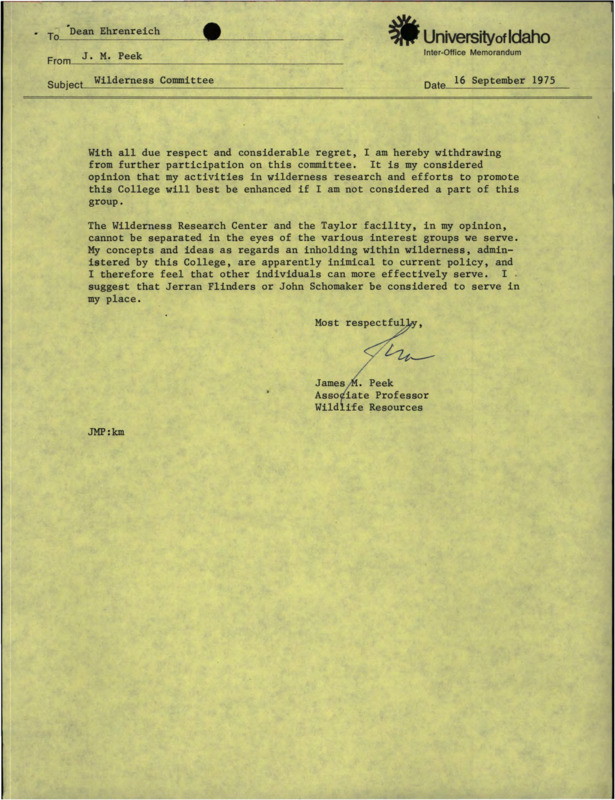 A memorandum from J.M. Peek to Dean Ehrenreich about withdrawing from a committee.