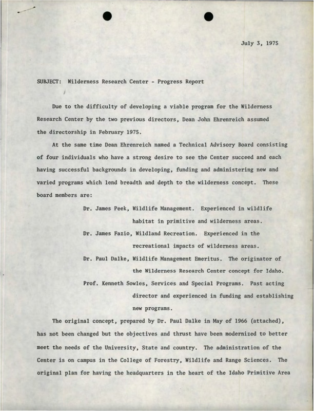 A progress report on the Wilderness Research Center from July 3, 1975.