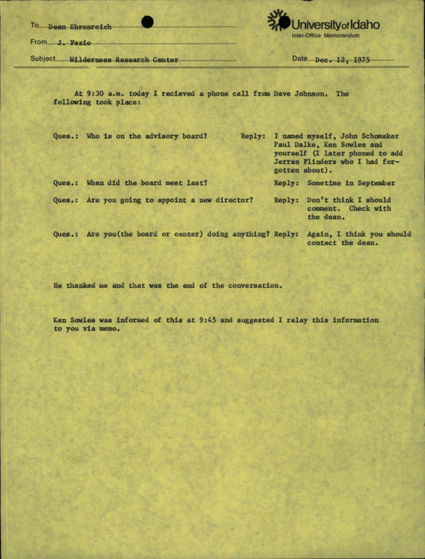 A memorandum from J. Fazio to Dean Ehrenreich about a phone call from Dave Johnson.