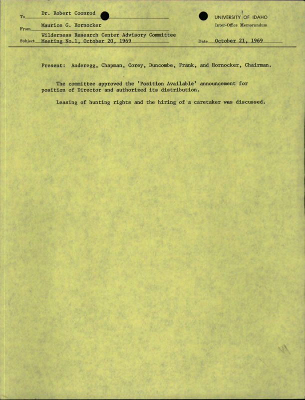 A memorandum from Maurice G. Hornocker to Dr. Robert Coonrod about the first Wilderness Research Center Advisory Committee, held on October 20, 1969.