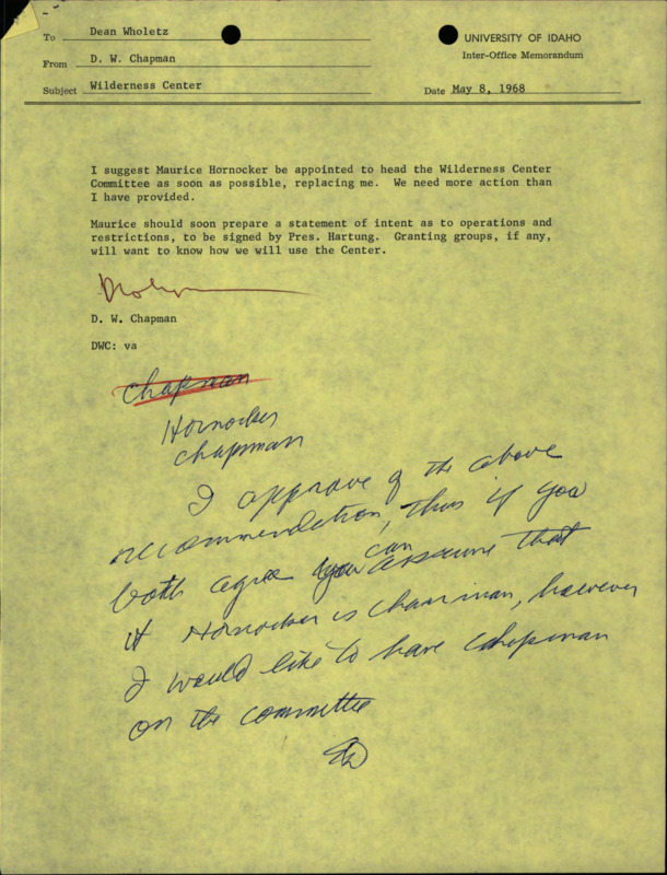 A memorandum from D.W. Chapman to Dean Wholetz about the Wilderness Center Committee.