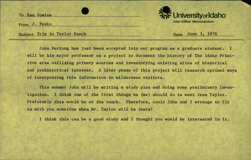 A memorandum from J. Fazio to Ken Sowles about a visit to Taylor Ranch.