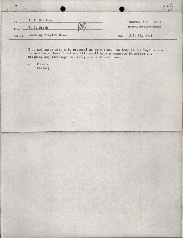 A memorandum from R.W. Stark to A.E. Erickson about renaming Taylor Ranch, and a memorandum from Albert W. Erickson to President Hartung about renaming Taylor Ranch.