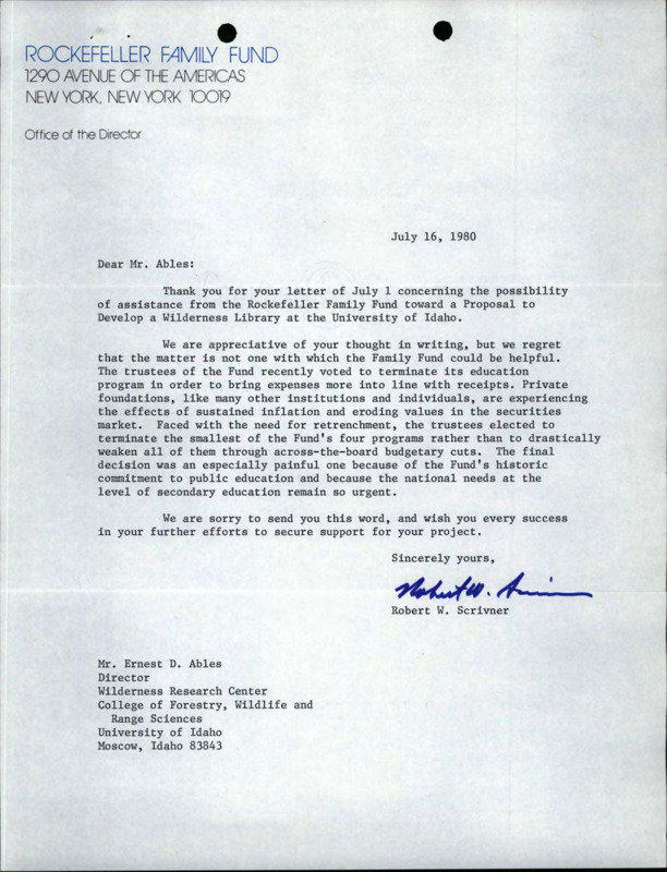 A letter from Robert W. Scrivner to Ernest D. Ables about a proposal to develop a wilderness library, a letter from Jacqueline R. Millan to Ernest D. Ables and Warren S. Owens about a request for support, a letter from John R. Robinson to Ernest D. Ables about a request for financial support, a letter from Emery N. Castle to Ernest D. Ables about a proposal to establish a wilderness library, and a letter from John D. Taylor to Ernest D. Ables about a request for support.