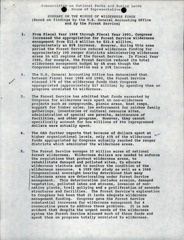 A summary on the misuse of wilderness funds from the Subcommittee on National Parks and Public Lands (US House of Representatives), with a list of examples of misuse of wilderness funds.