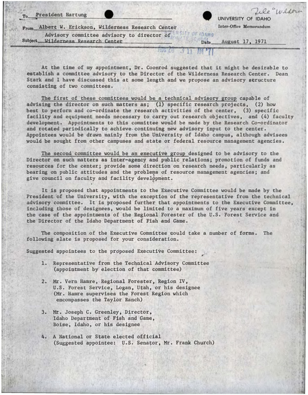 A memorandum from Albert W. Erickson to President Hartung about establishing committees.