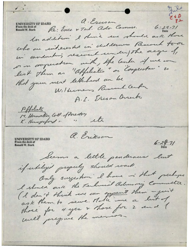 Handwritten notes from Ronald W. Stark to A. Erickson about the Technical Advisory Committee, and a memorandum from A.W. Erickson to Dean Stark about establishing a committee for the Wilderness Research Center.