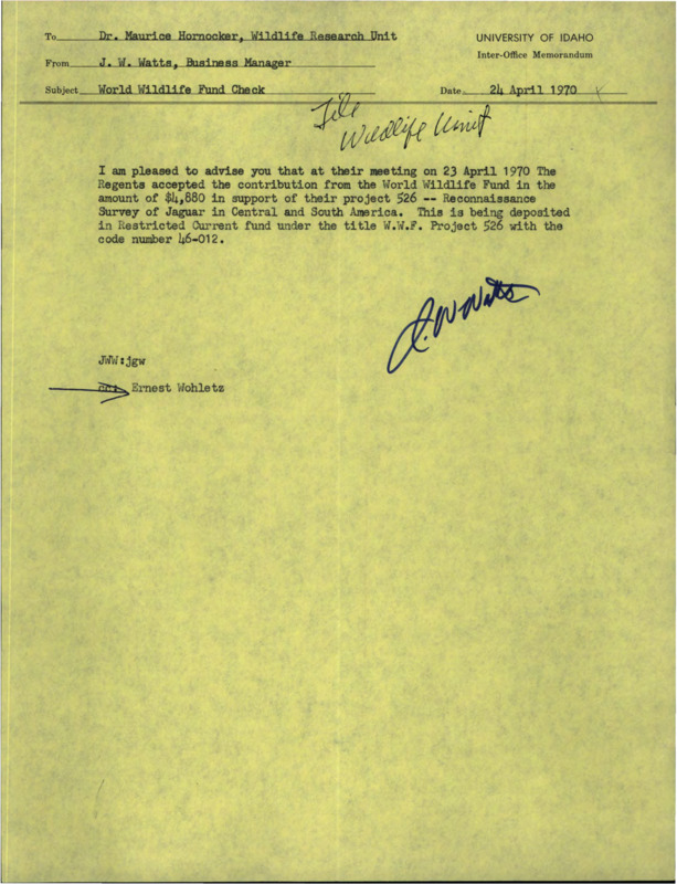 A memorandum from J.W. Watts to Maurice Hornocker about a meeting on April 23, 1970.