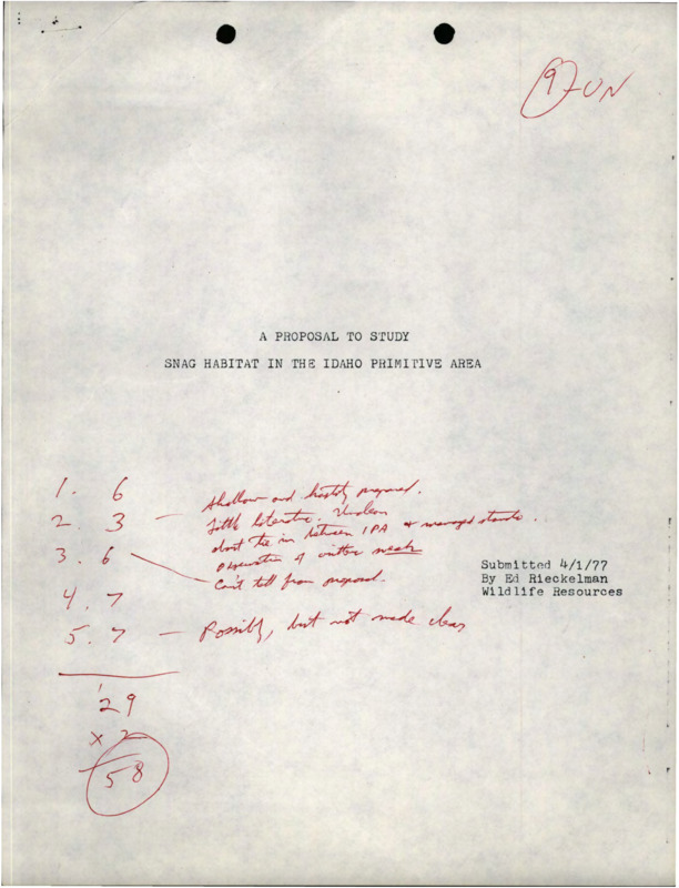 A cover page for "A Proposal to Study Snag Habitat in the Idaho Primitive Area," submitted by Ed Rieckelman.