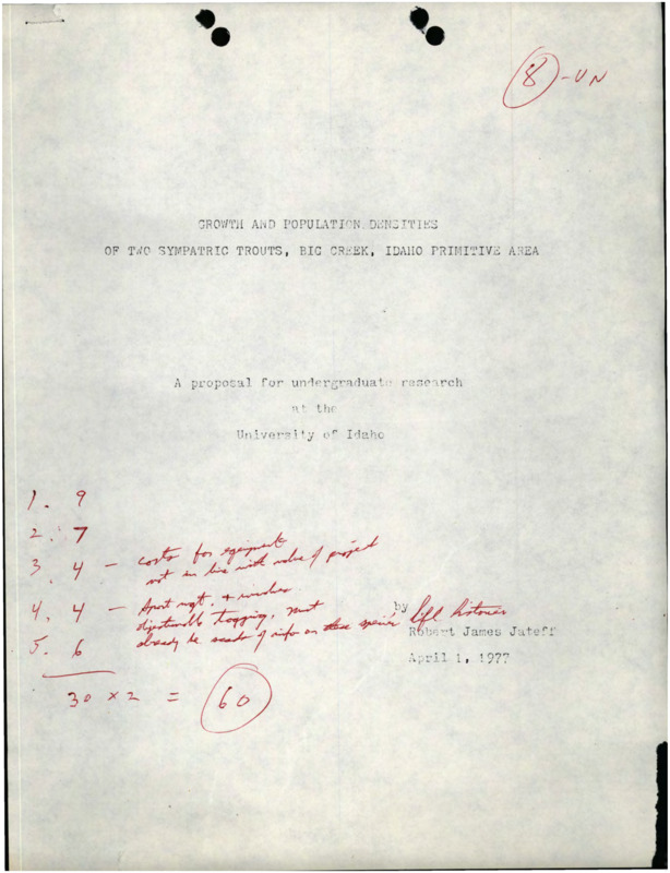 A cover page for "Growth and Population Densities of Two Sympatric Trouts, Big Creek, Idaho Primitive Area," by Robert James Jateff.