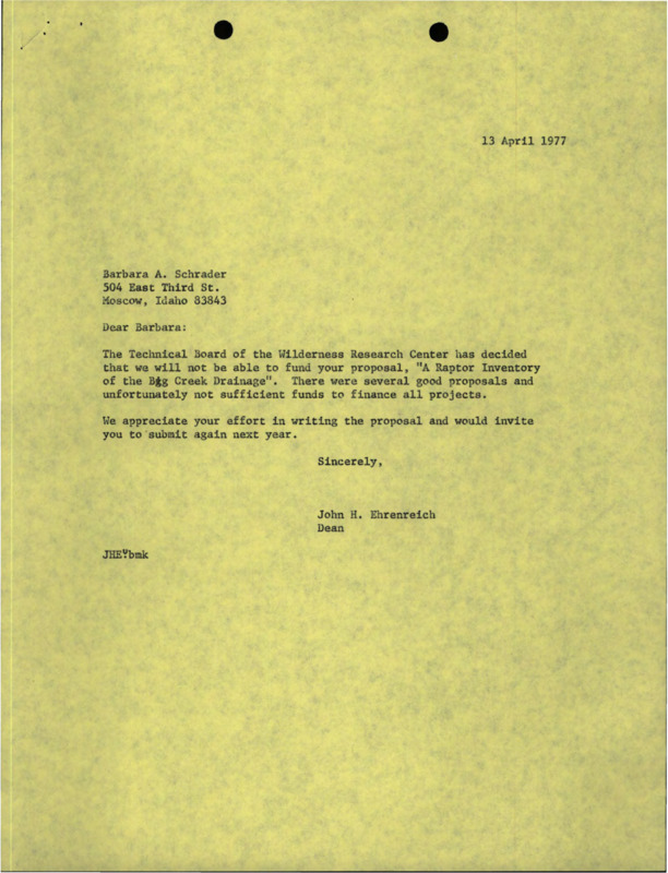 A letter from John H. Ehrenreich to Barbara A. Schrader about funding a proposal.