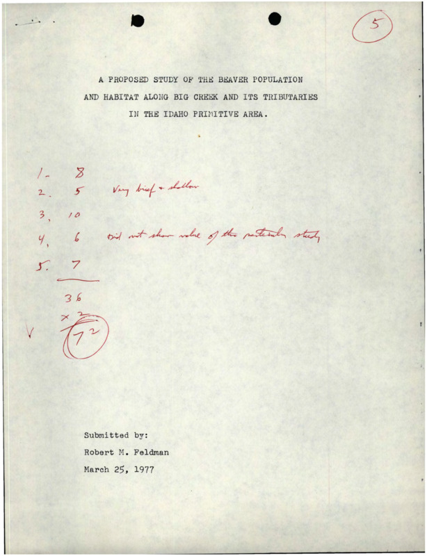 A cover page for "A Proposed Study of the Beaver Population and Habitat Along Big Creek and its Tributaries in the Idaho Primitive Area," submitted by Robert M. Feldman.