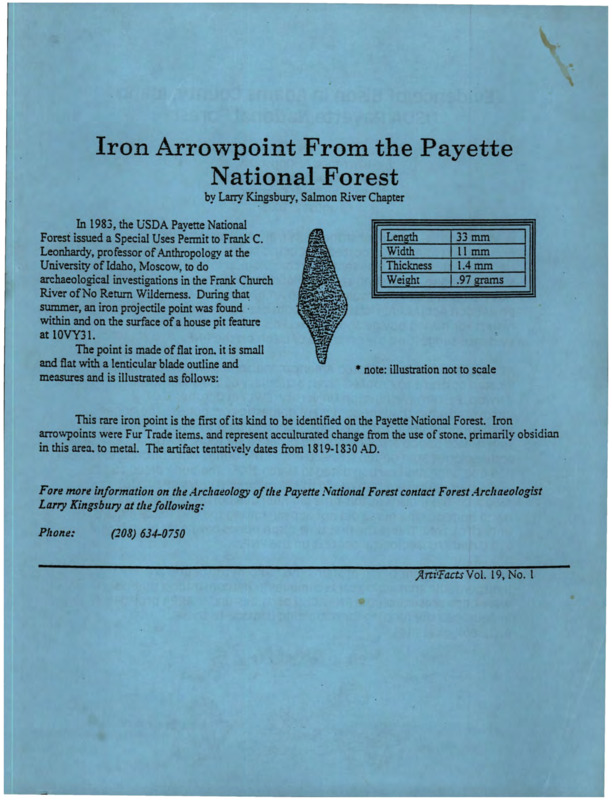 A copy of "Iron Arrowpoint from the Payette National Forest," by Larry Kingsbury and a copy of "Evidence of Bison in Adams County, Idaho" by Lawrence A. Kingsbury.