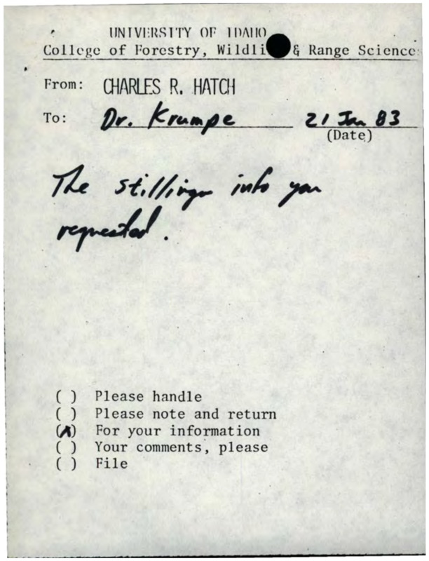 A note from Charles R. Hatch to Dr. Krumpe about requested information, a memorandum from C.R. Hatch to Ables, Adams, Bryant, Bunting, Fins, Hironaka, F. Johnson, Loewenstein, Neuenschwander, Partridge, Schenk, Stark, Stock, and Wenny about Fiscal Year 1984 Stillinger Funds, a memo from A.R. Gittins to Deans, Directors, Faculty Secretary about Stillinger Funds for Forestry and Botanical Research, and a sample title page.