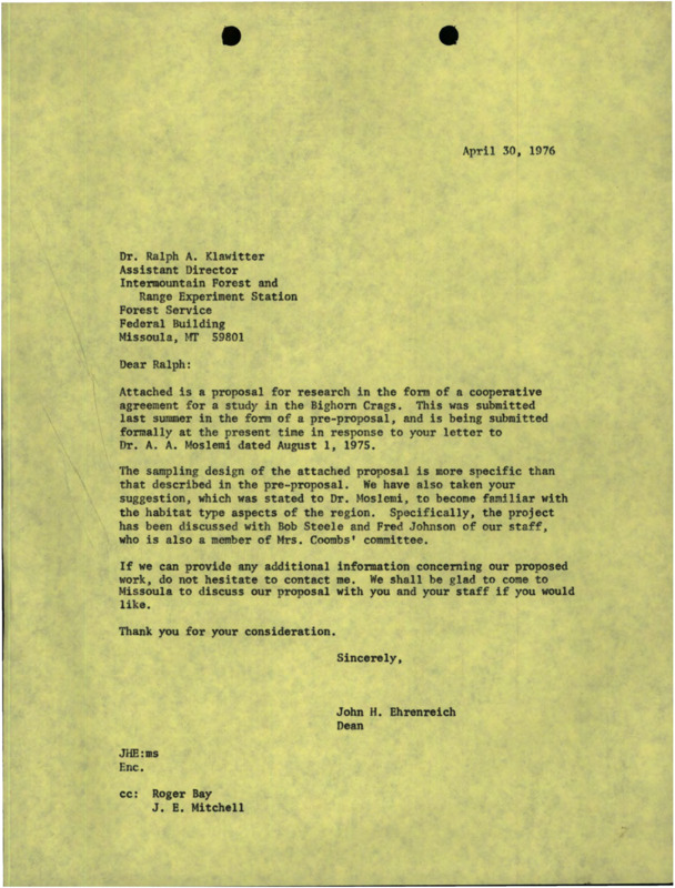 A letter from John H. Ehrenreich to Ralph A. Klawitter about a proposal for research.