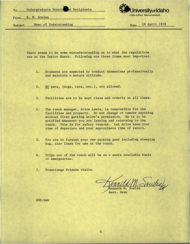 A memorandum from K.M. Sowles to Undergraduate Honorarium Recipients about regulations at Taylor Ranch.